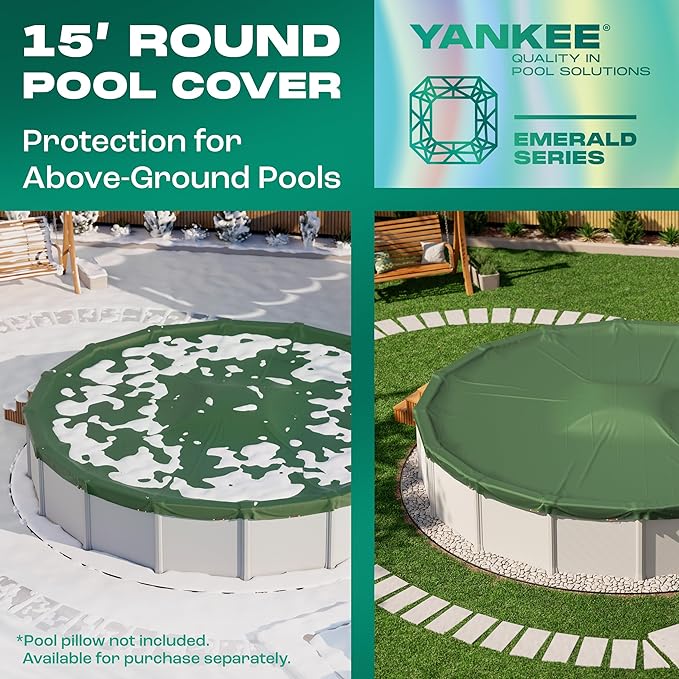 Yankee Emerald Series Pool Covers for Above Ground Pools | Round 15 ft Swimming Pool Cover w/Steel-Core Cable, Winch for Winterization | 9 mil Medium-Thickness for Off-Season, On-Season Protection