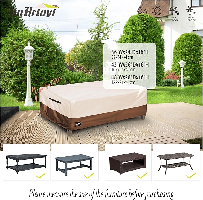 Outdoor Coffee Table Cover Waterproof, Patio Rectangular Side Table Covers, 48W x 28D x 16H Inches Outdoor Tables Cover,Beige&Brown