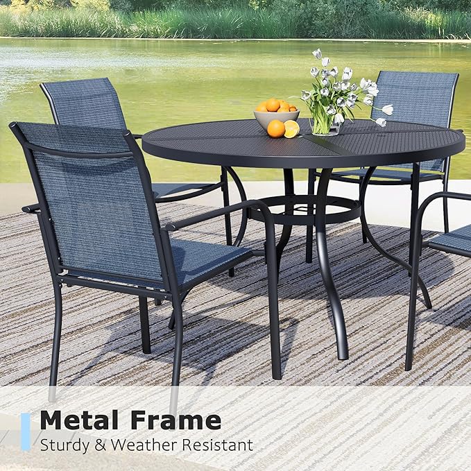 5 Pieces Round Dining Table Set for 4, Patio Dining Set Includes 4 Blue Stackable Patio Chairs and 1 Black Mesh Round Table, Patio Furniture Sets with Sling Support for Outside, Garden