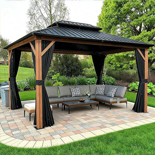 PURPLE LEAF 10' X 14' Hardtop Gazebo Outdoor Wood Grain Aluminum Frame Galvanized Steel Double Roof Gazebos with Netting and Curtains for Patio Deck Backyard Garden