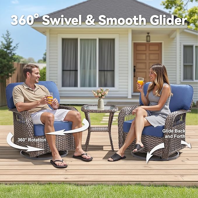 Patio Wicker Chairs Swivel Rocker - Rocking Outdoor Chair Set of 2, 360 Degree atio Swivel Glider Chair with All-Weather Removable Cushions for Garden, Porch, Backyard, Blue/Brown Wicker