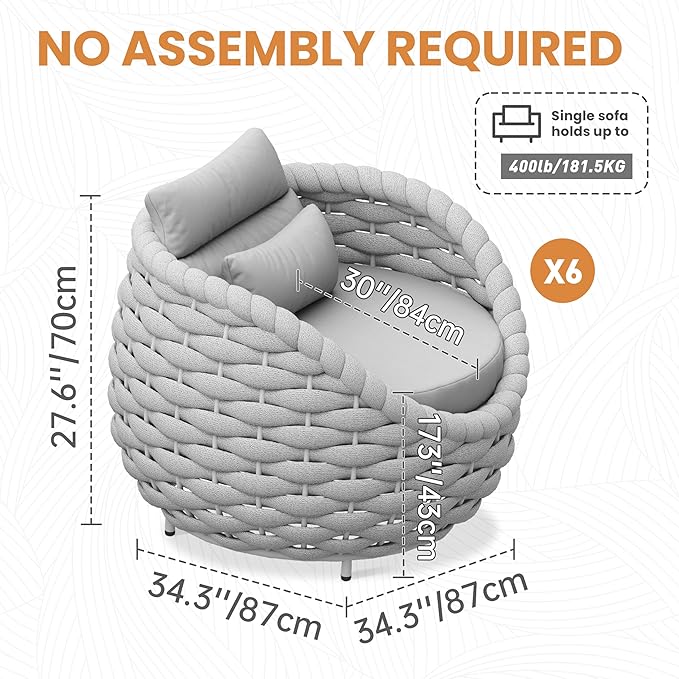 6 PCS Patio Deck Accent Chair: Large Woven Rope Chair Cushioned - Aluminum Modern Single Lounge Armchair Assembled - All Weather Outdoor Seating for 400lbs Lanai Balcony Porch Garden Hotel, Gray
