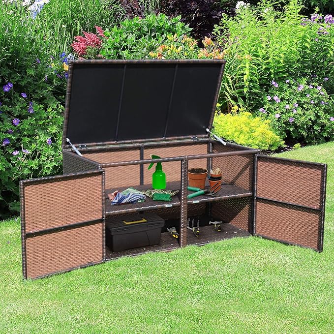 Tangkula Outdoor Wicker Storage Box, Garden Deck Bin with Steel Frame, Rattan Storage Box with Lid, Ideal for Storing Tools, Accessories, 88 Gallon Capacity (Brown)