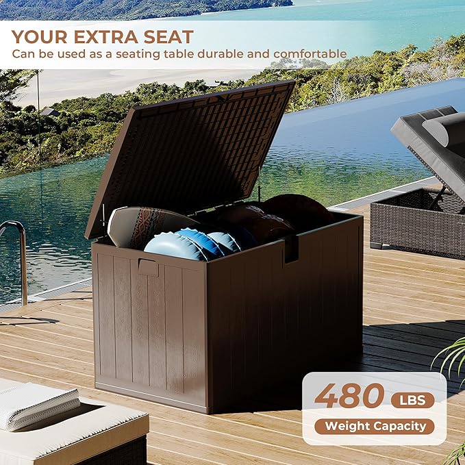 130 Gallon Outdoor Storage Box, Lockable Resin Deck Box Indoor and Outdoor Use, Waterproof Patio Deck Storage Box For Package Delivery, Furniture Cushions, Garden Tools, Pool Accessories