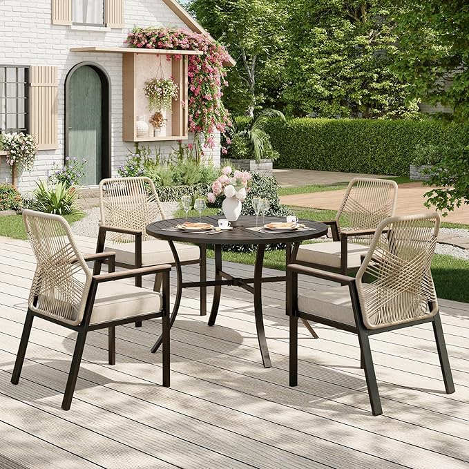 5 Pieces Round Outdoor Dining Set for 4, Patio Dining Set Wicker Rattan Chairs with Soft Cushion and 42" Round Table with Umbrella Hole, Round Patio Table and Chairs for Backyard Porch