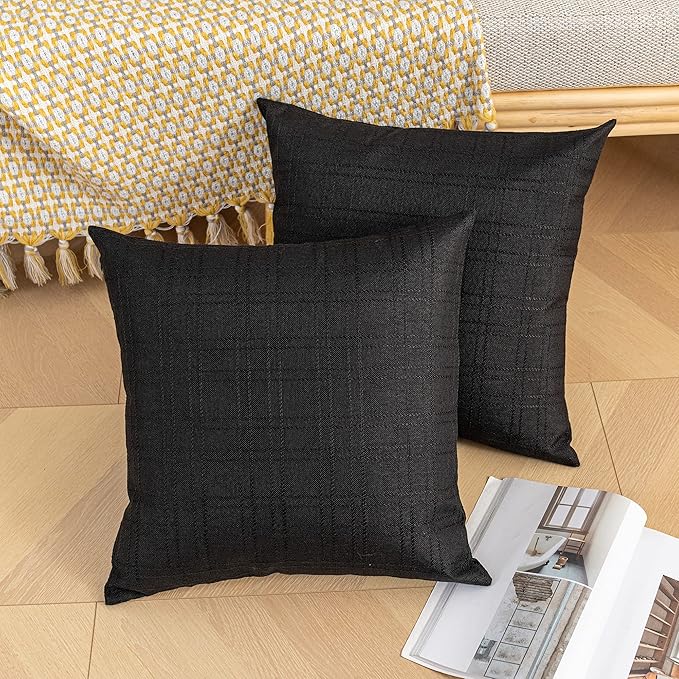Kevin Textile Pack of 2 Decorative Outdoor Waterproof Throw Pillow Covers Checkered Pillowcases Classic Cushion Cases for Patio Couch Bench 16 x 16 Inch Black