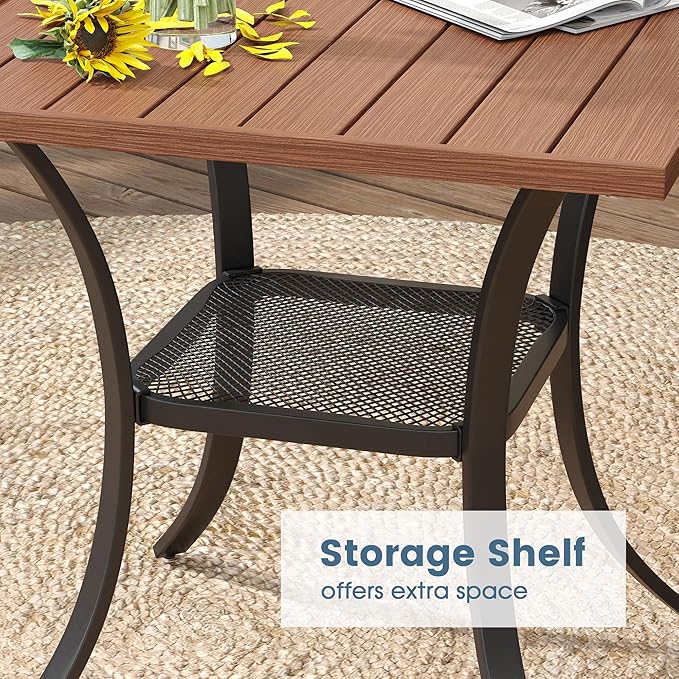DIFY 3 Pieces Outdoor Patio Dining Set for 2, 27.6" Small Walnut Square Metal Dining Table and 2 Brown Textilene Swivel Dining Chairs, Outdoor Table and Chairs