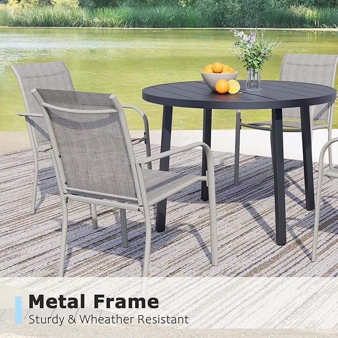 5 Pieces Round Dining Table Set for 4, Patio Dining Set Includes 4 Grey Stackable Patio Chairs and 1 Black Round Table, Patio Furniture Setss with Sling Support for Outside, Garden