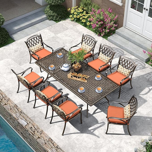 PURPLE LEAF 9 Pieces Patio Dining Sets Cast Aluminum Furniture with Rectangular Table for Lawn Garden Backyard Deck Outdoor Dining Sets with Cushions and Pillows, Rhombic Brick Red