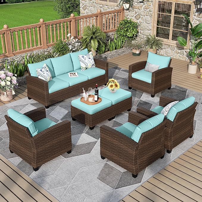 Patio Furniture Set, 7 Pcs Wicker Rattan Outdoor Conversation Set, 4 x Leg Chairs, 1 x 3 Seater Sofa and 2 x Ottoman with 4" Thick Cushion for Garden Backyard Deck, Blue