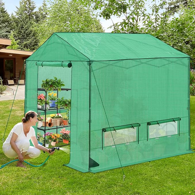 8x8 Pop Up Walk-in Greenhouse, Indoor & Outdoor PE Cover Green House w/ Power Access Ports, Roll-up Zippered Doors and Windows, Green