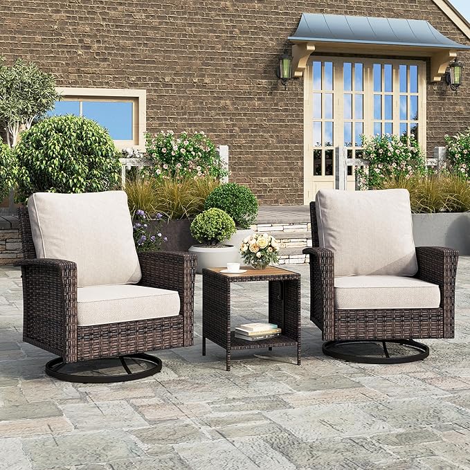 Oversized Patio Wicker Chairs, High Back Outdoor Swivel Chairs Set of 2 with Rattan Side Table, 5.5" Thick Cushions, 3-Piece Patio Furniture Sets for Deck Porch Pool, Brown/Beige