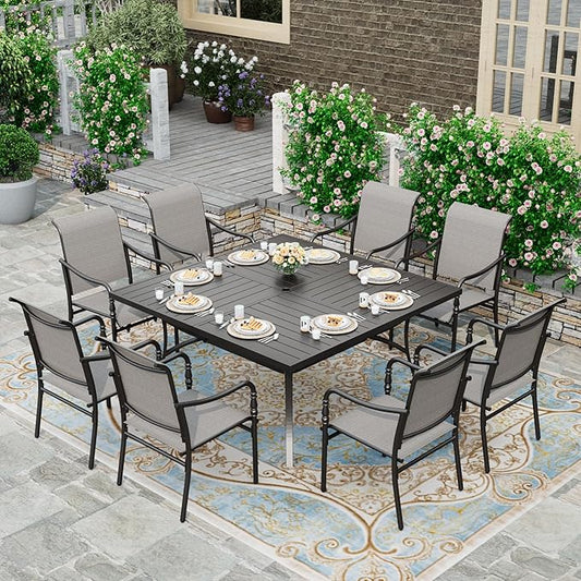 HERA'S HOUSE Square Outdoor Dining Set for 8, 9 Pieces Patio Table and Chairs Set, All Weather Black Metal Table with 8 Dining Chairs for Backyard Garden Lawn Deck Porch