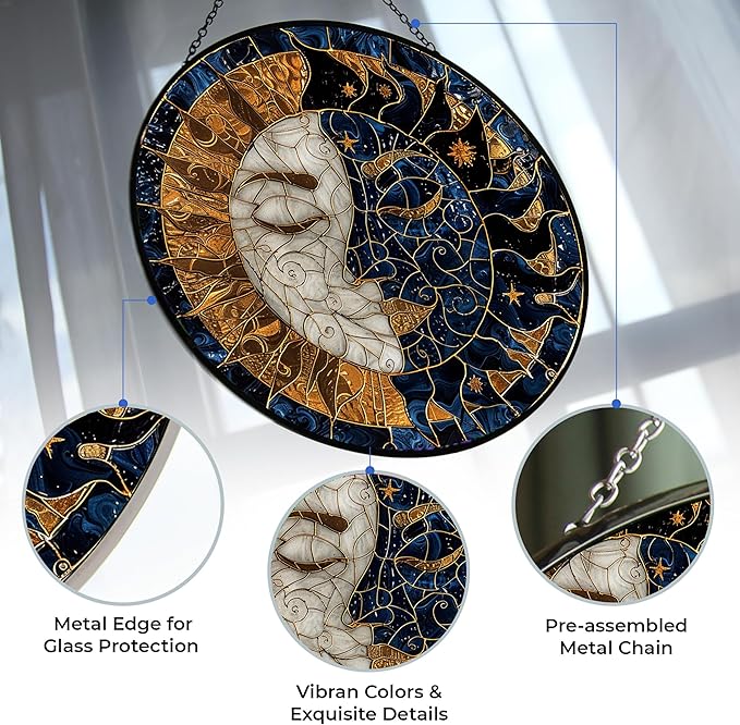 Customized Sun and Moon Stained Glass Suncatcher Stained Glass Window Hanging Home Decor Garden Halloween Christmas Party Wedding Housewarming Gifts