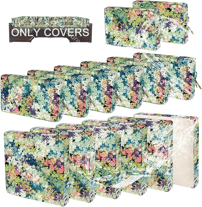 14 PCs Patio Cushion Covers for 7 PCs Outdoor Furniture Sectional Seating Sets Water Resistant Plus 2 Throw Pillows (Colorful Leaves, 23.6 * 23.6 * 3.5 in-14)