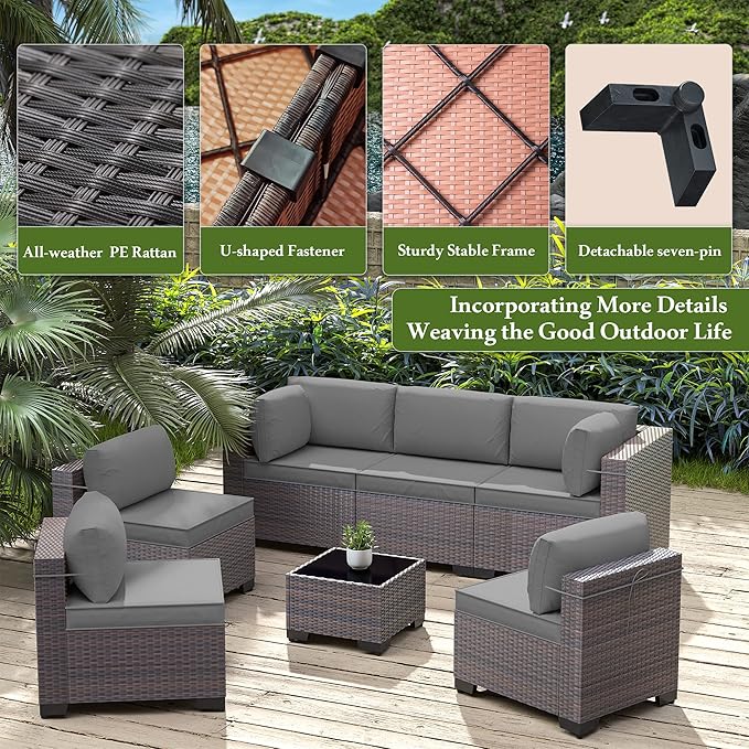 Outdoor Patio Furniture Set, 7 Pcs Outdoor Furniture All Weather Patio Sectional Sofa PE Wicker Modular Conversation Sets with Coffee Table,6 Chairs & Seat Clips Grey
