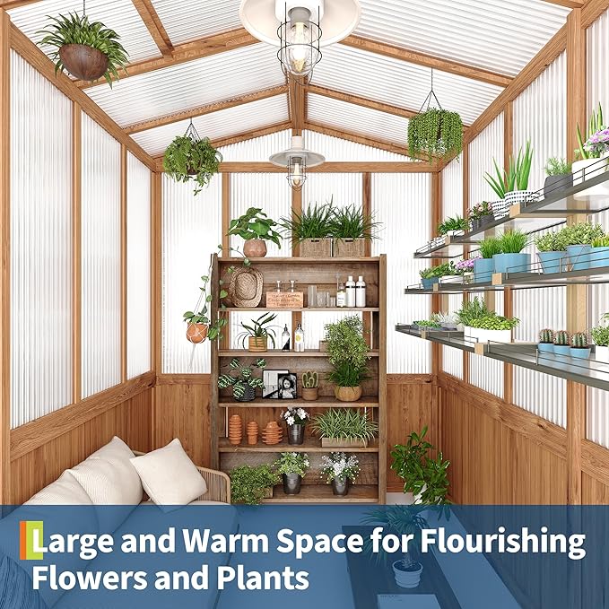 6x10FT Wooden Greenhouse with Cedar Frame, Outdoor Wood Greenhouses with Roof Vent, Wood and Polycarbonate Walk-in Greenhouse