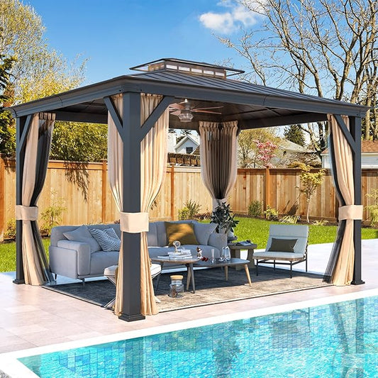 YOLENY 12'x10' Hardtop Gazebo, Outdoor Canopy Gazebos wtth Acrylic & Galvanized Steel Roof,Aluminum Frame with Curtains and Netting, Sunshade for Garden, Patio, Lawns Black