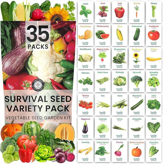 35 Vegetable Seed Packets | Survival Variety Pack | 2025 Season | Individually Packed Vegetables, Herbs and Fruits | Emergency Seed Vault for Doomsday Prepping | by Family Sown