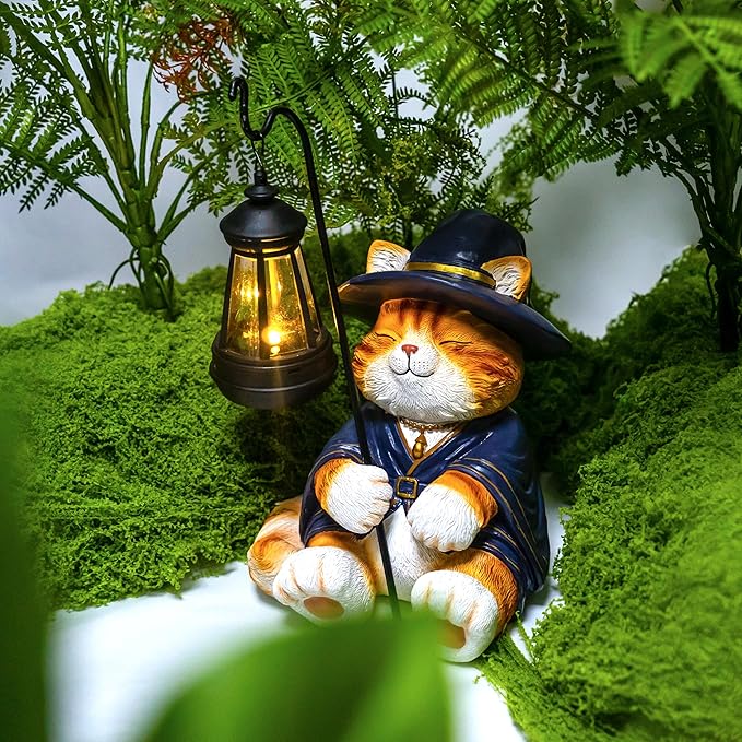 Decorative Solar Wizard Cat Lantern Garden Statue, Outdoor Figurine Light with Black Metal Lamp Post for Garden Decoration Outdoor Decor