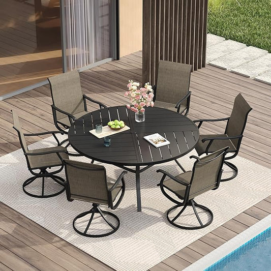 VICLLAX 7 Pieces Patio Dining Set for 6, Outdoor Furniture Set Includes 47.2" Outdoor Round Table and 6 Patio Swivel Chairs for Lawn Garden, Black Tabletop and Mixed Brown Fabric