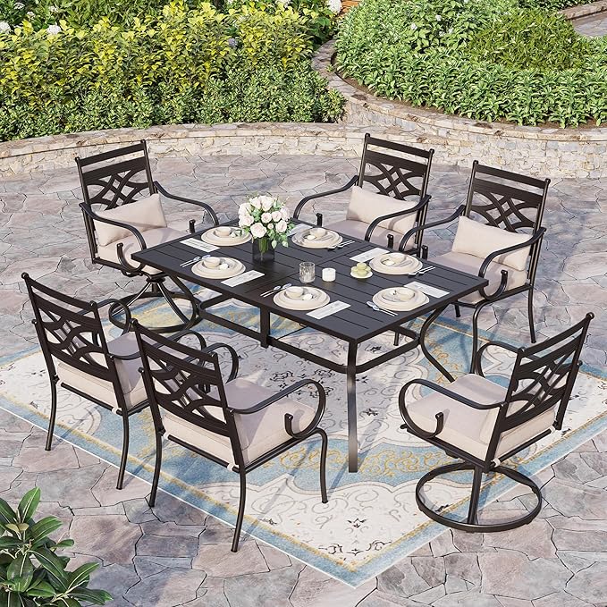 Sophia and William Outdoor Patio Dining Set for 6, Outdoor Table and Chairs, Removable Seat Cushions, 4 Fixed Chairs, 2 Swivel Patio Dining Chairs, 60" Black Patio Dining Table