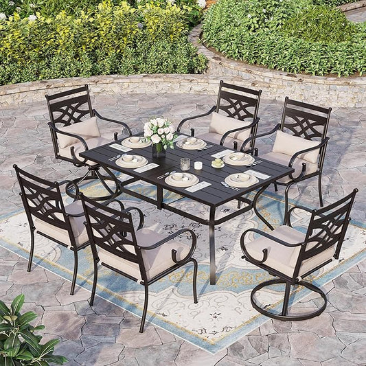 Sophia and William Outdoor Patio Dining Set for 6, Outdoor Table and Chairs, Removable Seat Cushions, 4 Fixed Chairs, 2 Swivel Patio Dining Chairs, 60" Black Patio Dining Table