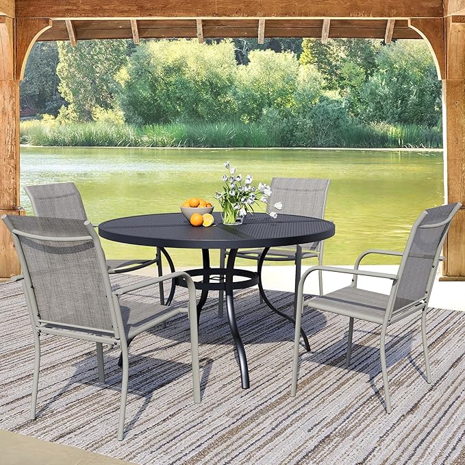 5 Pieces Round Dining Table Set for 4, Patio Dining Set Includes 4 Grey Stackable Patio Chairs and 1 Black Mesh Round Table, Patio Furniture Sets with Sling Support for Outside, Garden