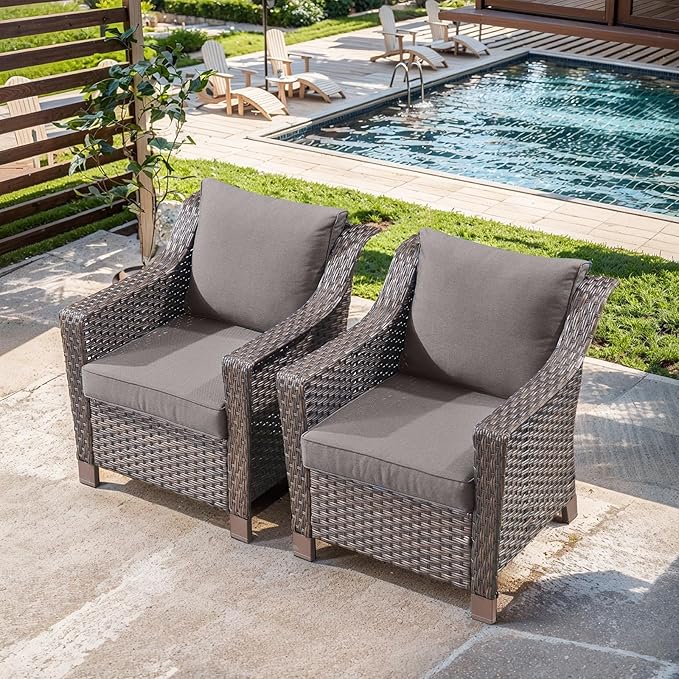 Outdoor Wicker Chair Set of 2-Outdoor Patio Chairs with Deep Seating Patio Dining Chairs for Deck Balcony Poolside Backyard-Brown/Grey