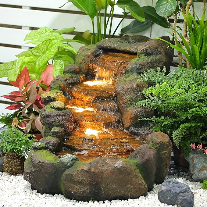 42.1" L Garden Water Fountain Outdoor, Floor Standing Mutiply Tiered Rock Outdoor Fountains with LED Lights and Pumps for Garden, Backyard, Porch, Patio and Home Art Decor