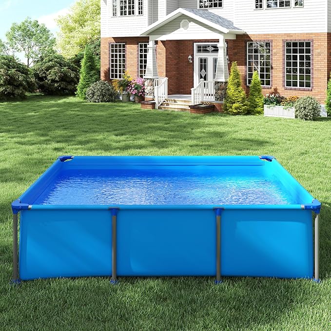 GYMAX 8.5' x 6' x 26" Metal Frame Above Ground Swimming Pool, Outdoor Backyard Famliy Pool w/Puncture-Resistant Fabric, Drainage Valve Connector for Kids & Adults (8.5' x 6' x 26", Rectangle, Blue)