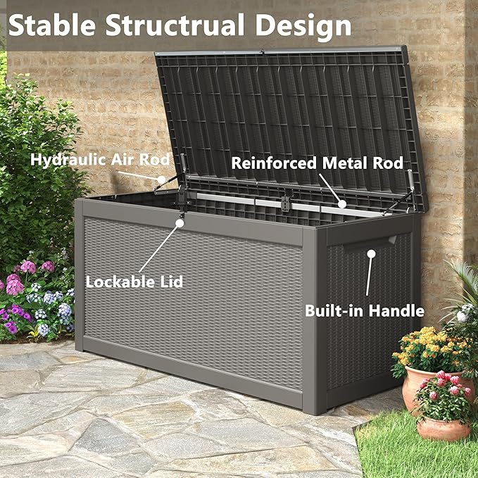 260 Gallon Resin Deck Box, Large Indoor and Outdoor Storage Box, Weatherproof and UV Resistant Outdoor Storage Box with Built-in Steel Beams for Patio Cushions, Pool Supplies