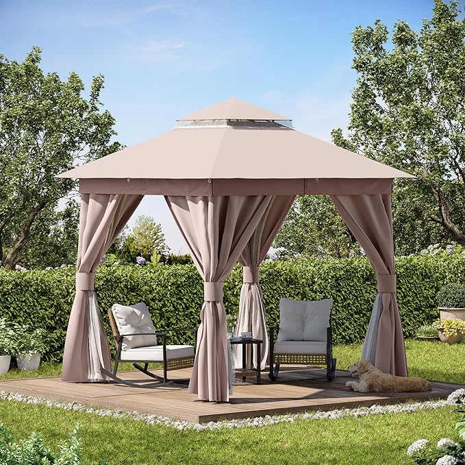 Outdoor Patio Gazebo 10FT, Heavy Duty Party Tent & Shelter with 2-Tier Roof and Expansion Bolts, Mosquito Nettings and Privacy Screens for Backyard, Garden, Poolside, Khaki
