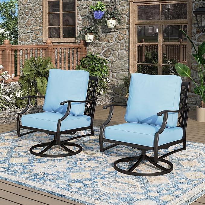 Swivel Patio Chairs Set of 2, High Back Outdoor Swivel Patio Metal Chairs with 5.75" Thick Cushions for Bistro Balcony Porch Deck and Yard, Blue