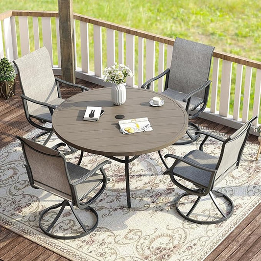 VICLLAX Patio Dining Set for 4, 5 Pieces Outdoor Furniture Includes 40.6" Round Patio Table with Umbrella Hole and 4 Outdoor Swivel Chairs for Lawn Garden, Grey Wood Grain Tabletop and Grey Fabric