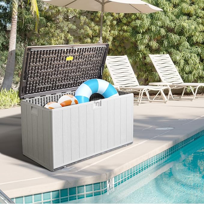 110GAL Brown Blow - Molded Outdoor Deck Box with Lock Hole - Waterproof, SGS - Protected from UV, Robust Storage for Large Garden Tools and Pool Equipment, Effortless Assembly
