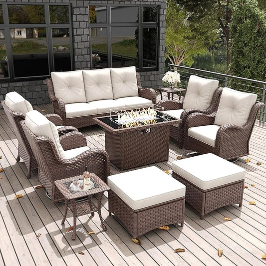 LayinSun 10 Pieces Outdoor Patio Furniture Set with Fire Pit Table, Rattan Wicker Sectional Swivel Rocker Chairs Sets with Ottomans, Swivel Glider Chairs and Coffee Table