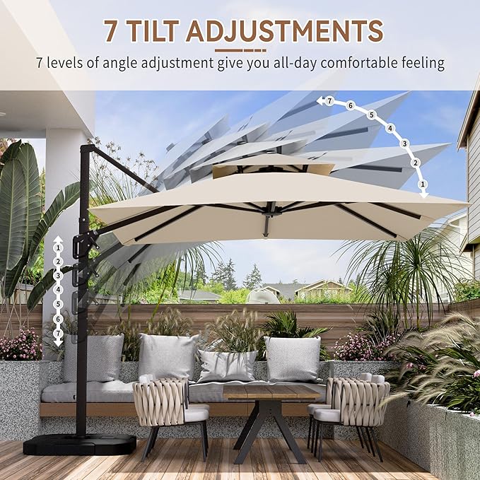 10' X 10' Cantilever Patio Umbrella Outdoor with Base Included Heavy Duty Double Top Windproof Square Offset Umbrellas with 360-degree Rotation for Pool Deck Backyard, Beige