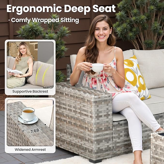 ovios 15 Pieces Patio Furniture Set, Outdoor Wicker Sectional Sofa with Swivel Chairs Coffee Table, Modern Modular Deep Seat Rattan Couch Conversation Sets, Beige