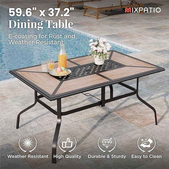 Outdoor Patio Dining Set 7 Piece Furniture Set with 6 Blue Textilene Chairs and Wood-Like Table Top Rectangular Table for Deck Garden Backyard Lawn Poolside