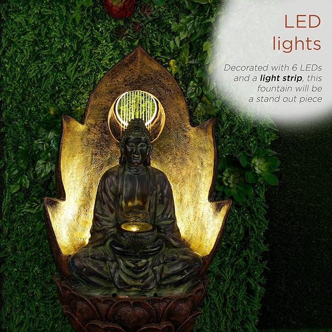 Alpine Corporation TZL420 59" Outdoor Buddha Fountain with LED Lights, Elegant Water Feature for Garden, Patio, Yard & Outdoor Spaces, Realistic Stone Look, Calming Waterfall for Relaxation, Brown