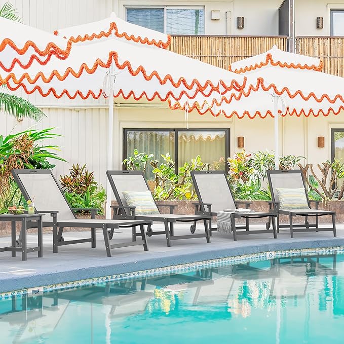 LUE BONA Chaise Lounge Chair Outdoor Set of 4, HDPS and HDPE Wicker Chaise Lounger with 5 Positions, Pool Lounge Chairs with Wheels and Adjustable Backrest for Patio, Poolside, Deck, Backyard