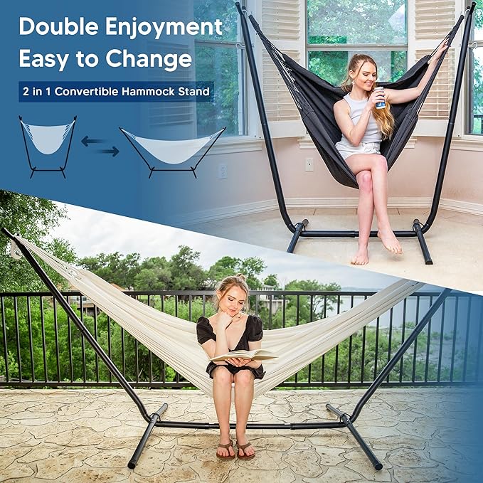SUNCREAT 2-in-1 Hammocks Convertible Portable Double Hammock with Stand, Outdoor Hammock with Stand Included, Patent Pending, Natural
