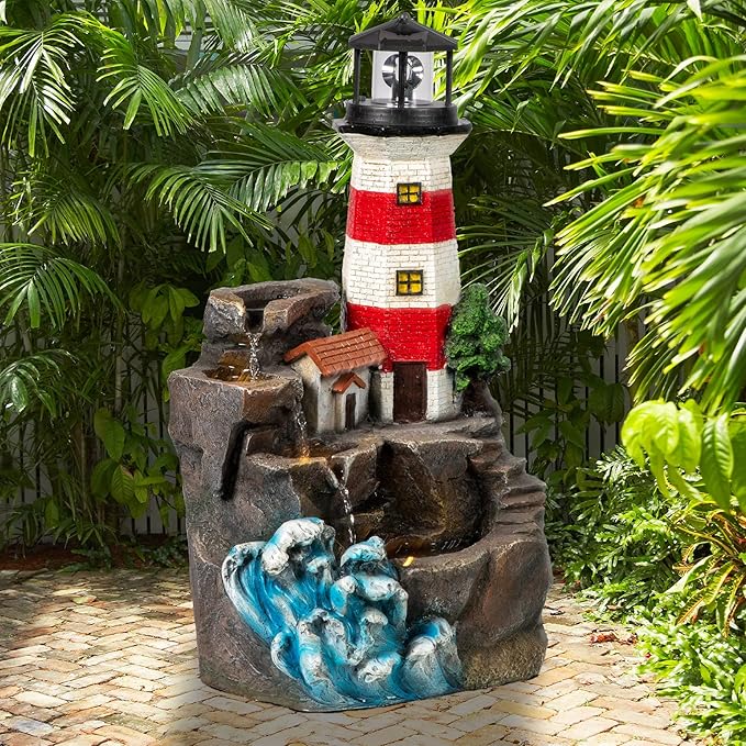 Ferrisland Outdoor Rock Waterfall Fountain Cascading Floor Water Feature Art Decor for Yard Garden Patio Lawn Backyard (Red, 23" H)