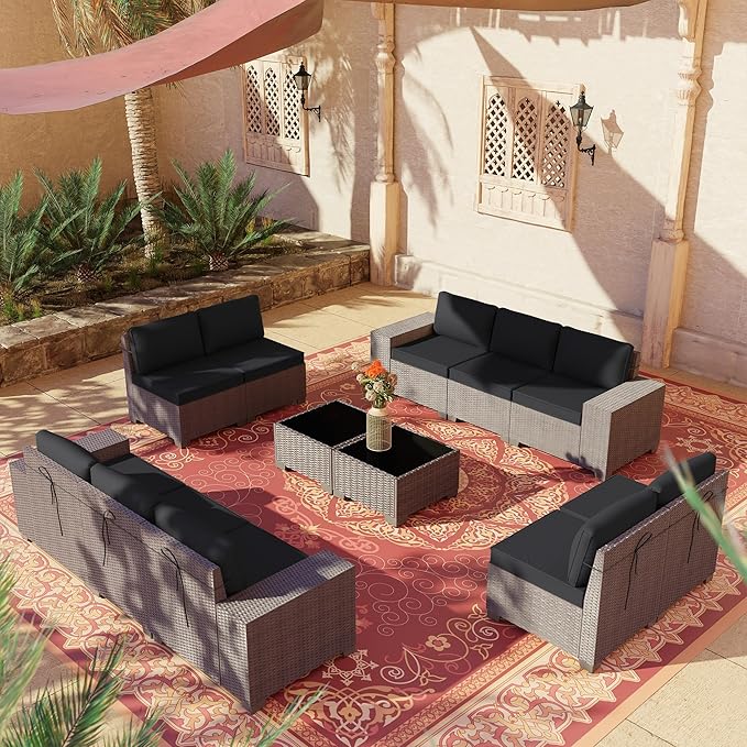 Outdoor Patio Furniture Set, 12 Pieces Outdoor Furniture All Weather Patio Sectional Sofa PE Wicker Modular Conversation Sets with Coffee Table,10 Chairs & Seat Clips(Black)