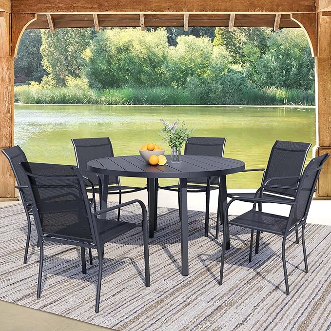 7 Pieces Round Dining Table Set for 6, Patio Dining Set Includes 6 Black Stackable Patio Chairs and 1 Black Round Table Set of 6, Patio Furniture Sets with Sling Support for Outside, Garden