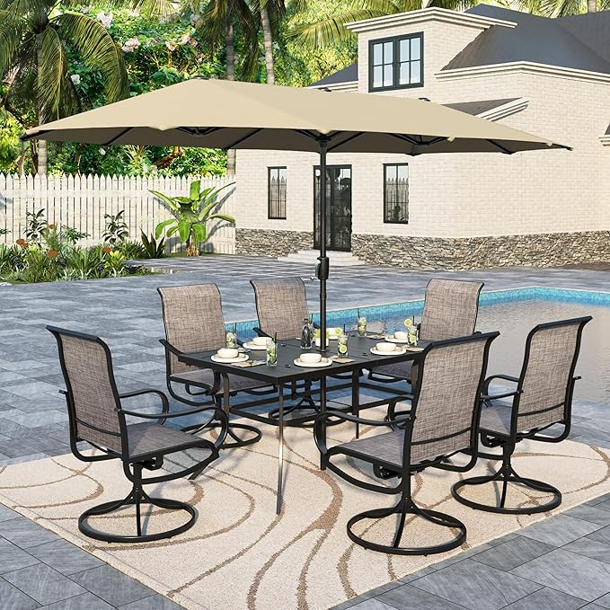 Sophia & William Patio Set with Umbrella 8 Pieces Outdoor Dining Set for 6 with 13ft Large Patio Umbrella Beige, 6 x Swivel Patio Chairs with 59" Dining Table for Lawn Garden
