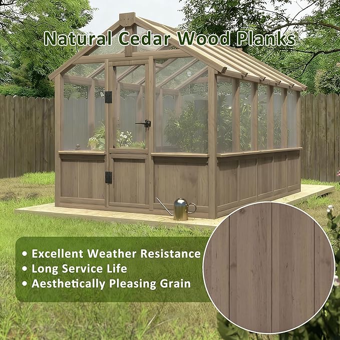 Greenhouse for Outdoor, 6x8ft-8x12ft Wooden WAK-in Greenhouse Kitwith 6MM Thick Polycarbonate Panel, Lockable Door & Adjustable Roof Vent ，Backyard Garden ﻿ (Light Mocha Brown, 8*10FT)