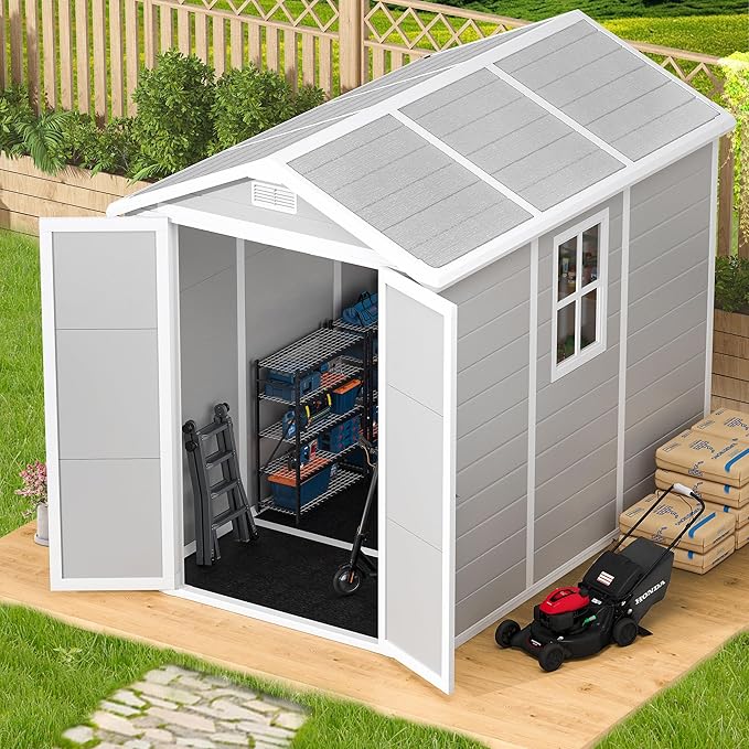 8.7x5.5 FT Resin Outdoor Storage Shed with Floor, Weather-Resistant Plastic Garden Shed with Windows, Lockable Door and Vents, Outside Tool Storage Sheds for Backyard, Garden, Lawn, Grey