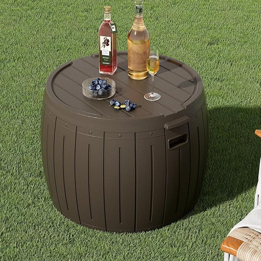 ZZM 33 Gallon Round Deck Box, Patio Side Table for Cushion, Picnic Bucket, Small Bench Seat, All-Weather & Portable, Brown